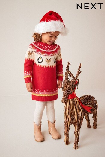 Red Reindeer Knitted Jumper Dress (3mths-7yrs) (661357) | £18 - £22
