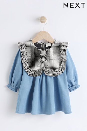 Denim/Gingham Tabbard Woven 100% Cotton Dress and Tights Set (0mths-2yrs) (661382) | £18 - £20