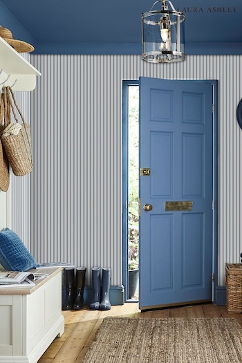 Laura Ashley Smoke Blue Farnworth Stripe Wallpaper (661675) | £48