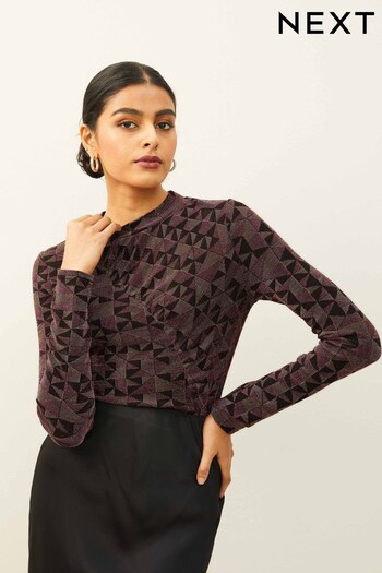 Gold Long Sleeve Ruched Jacquard Top (661711) | £28