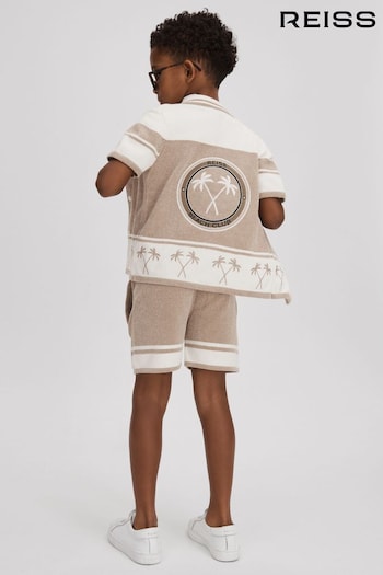 Reiss Taupe/Optic White Bowler Senior Velour Embroidered Striped Shirt (661919) | £50