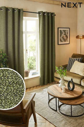 Olive Green Bouclé Textured Eyelet Lined Curtains (662209) | £60 - £150