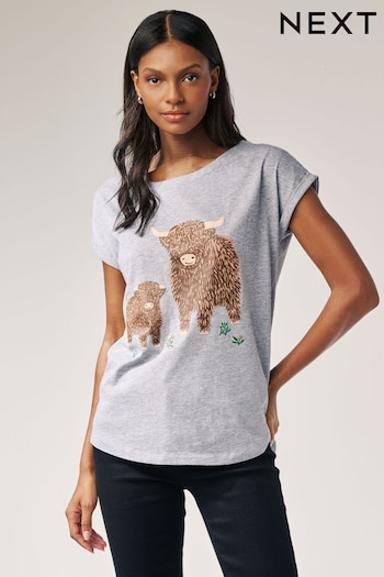 Grey Marl Hamish The Highland Cow Graphic Cap Sleeve T-Shirt (662257) | £13