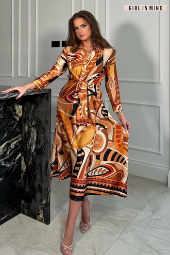 Girl In Mind Orange Isabella Abstract Tie Front Shirt Dress (662456) | £48
