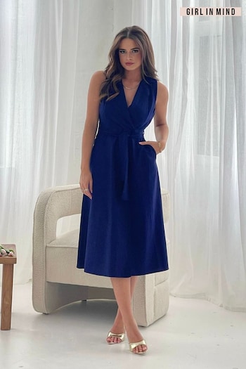 Girl In Mind Blue Callie Linen Blend Sleeveless Tie Front Midi Dress (662625) | £46