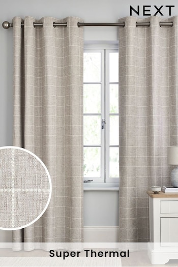 Natural Windowpane Check Super Thermal Eyelet Curtains (662975) | £105 - £180