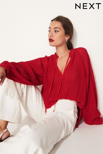 Red Pleated Sparkle Tie  Neck Long Sleeve Blouse (663259) | £54