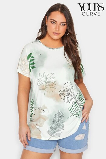 Yours Curve White Printed Split Detail T-Shirt (663297) | £24