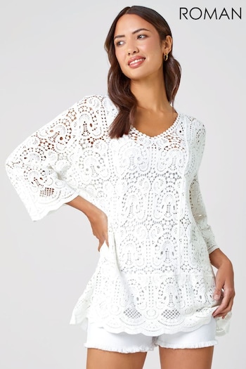 Roman White Crochet V-Neck 3/4 Sleeve Tunic Top (663311) | £40
