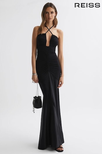 Reiss Black Thalia Fitted Plunge Neck Satin Maxi Dress (663538) | £228