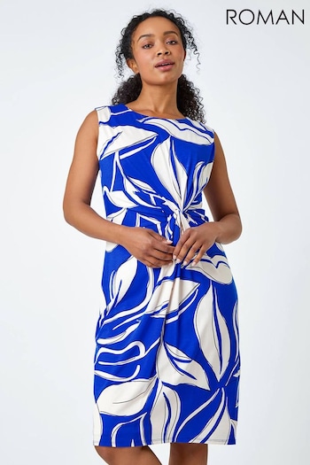 Roman Blue Leaf Print Twist Stretch Midi Dress (664144) | £38