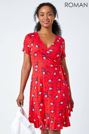 Roman Red Floral Stretch Wrap Dress (664196) | £38