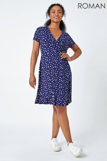 Roman Blue Polka Dot Stretch Wrap Dress (664211) | £38