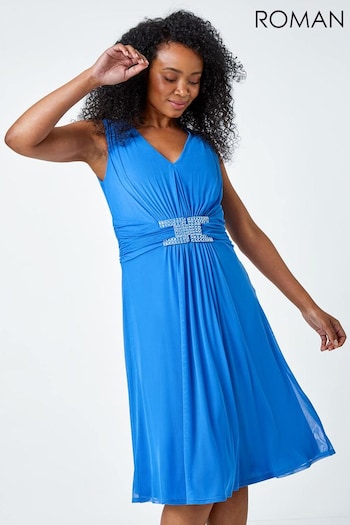 Roman Dark Blue Petite Embellished Waist Mesh Stretch Dress (664223) | £60