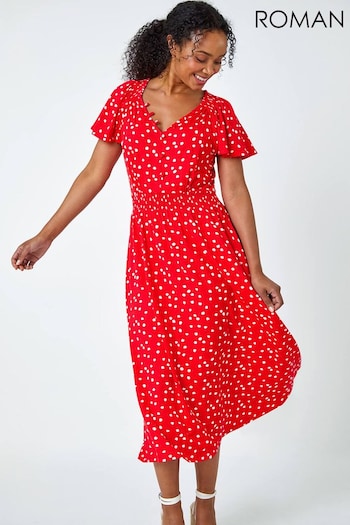 Roman Red Polka Dot Button Stretch Midi Dress (664380) | £42