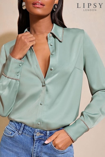 Lipsy Green Collared Button Through Diamante Shirt (664403) | £42