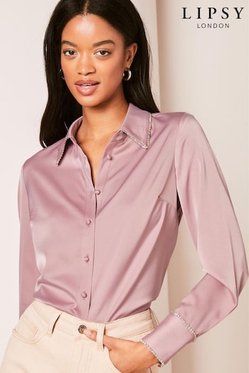 Lipsy Pink Petite Collared Button Through Diamante Shirt (664496) | £42