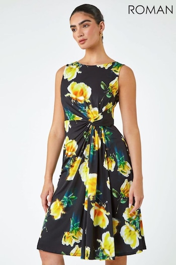 Roman Black Floral Twist Detail Stretch Dress (665835) | £80