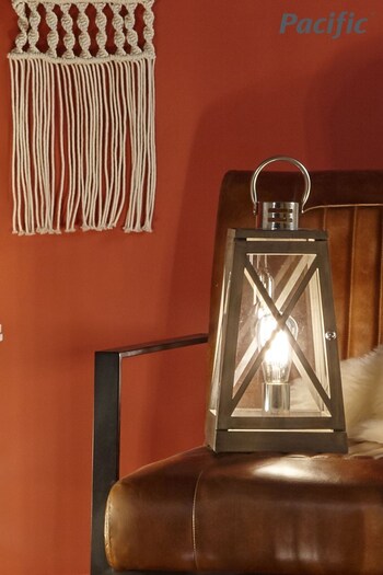 Pacific Grey Devon Wood And Chrome Lantern Table Lamp (666692) | £70