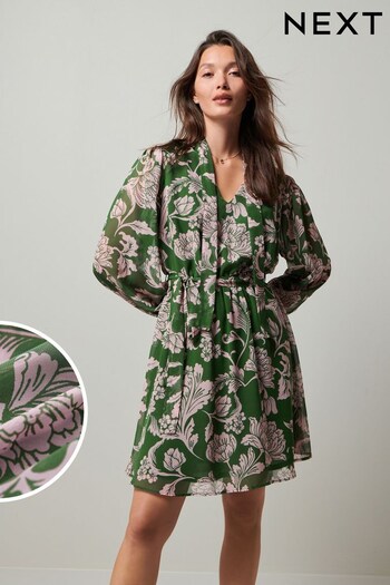 Green/Pink Floral Tie Neck Belted Long Sleeve Mini Dress (666836) | £58