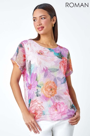 Roman Pink Mesh Overlay Floral Print T-Shirt (666885) | £30