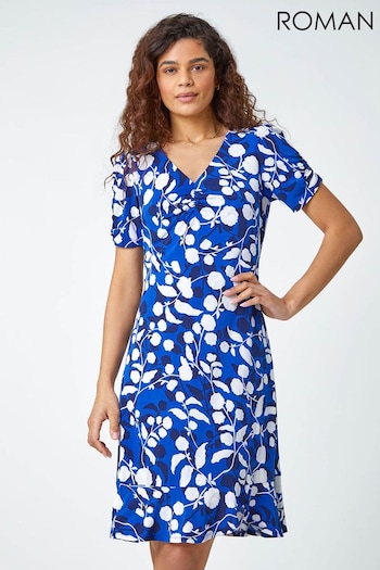 Roman Blue Floral Textured Ruched Stretch Dress (666907) | £38