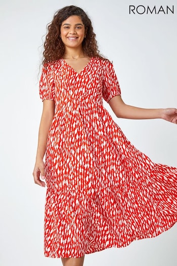 Roman Red Abstract Frill Hem Midi Stretch Dress (666920) | £42
