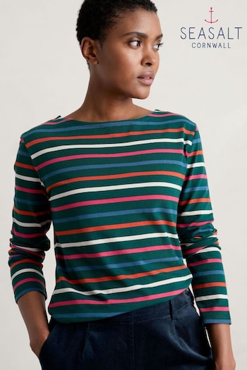 Seasalt Cornwall Striped Sailor Green T-Shirt (666961) | £30