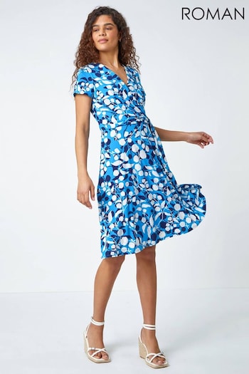 Roman Blue Floral Stretch Wrap Skater Dress (666991) | £45