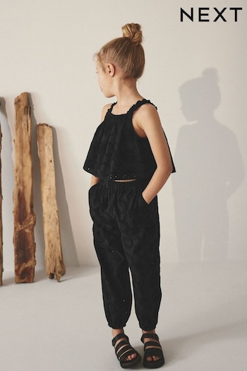 Black Broderie Co-ord Top and Joggers Set (3-16yrs) (667096) | £28 - £33
