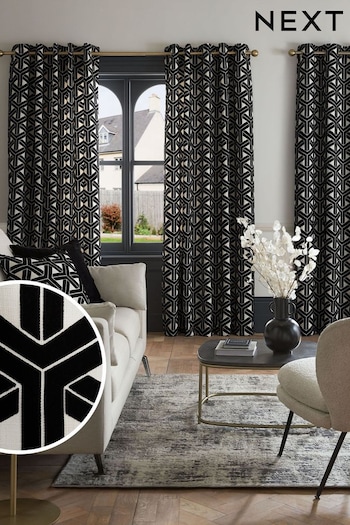 Black/White JuzsportsShops Geometric Lined Flocked Velvet Eyelet Curtains (667097) | £85 - £165