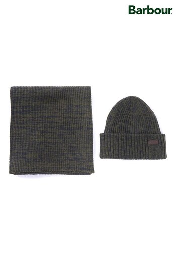 Barbour® Olive Green Crimdon Beanie Hat and Scarf Gift Set (667284) | £55