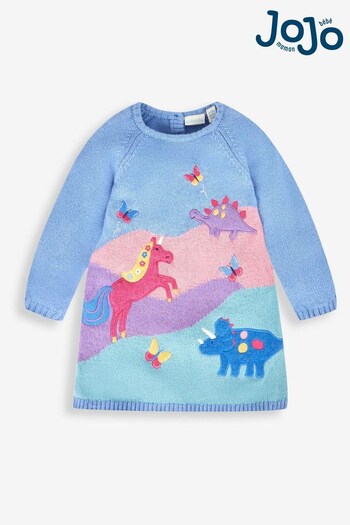 JoJo Maman Bébé Blue Dino & Unicorn Knitted Dress (667884) | £32