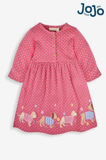 JoJo Maman Bébé Raspberry Pink Sausage Dog Girls' Appliqué Button Front Dress (668419) | £23.50