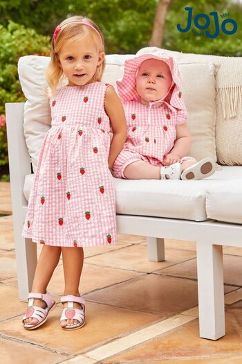 JoJo Maman Bébé Pink Girls' Strawberry Embroidered Gingham Dress (668692) | £25