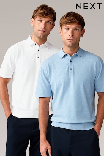 White/Blue Regular Long Sleeve Knitted Polo Shirts 2 Pack (668925) | £45