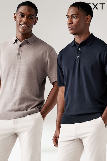 Neutral/Navy Knitted Regular Fit 2 Pack high Polo Shirts (668938) | £45
