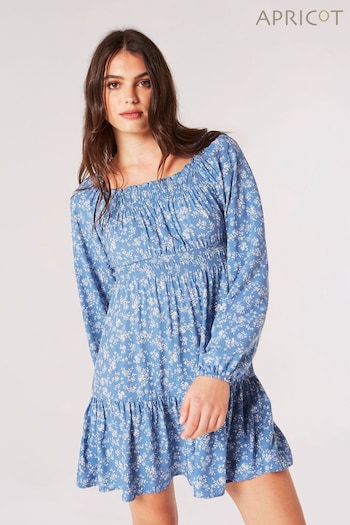 Apricot Blue Mono Ditsy Long Sleeve Milkmaid Dress (669185) | £35
