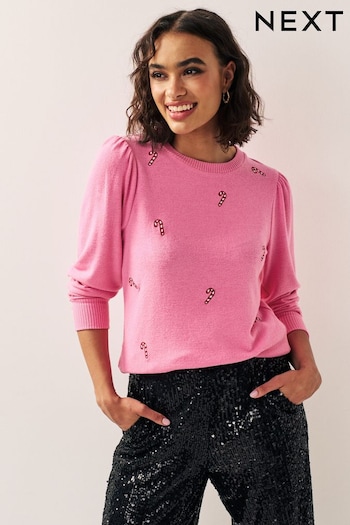 Pink Cosy Soft Touch Christmas Candy Cane Festive Sleeve Detail Jumper Top (669349) | £34