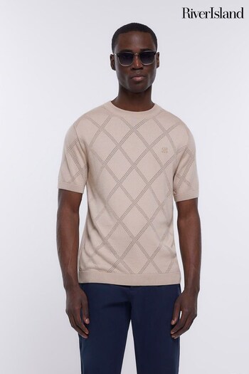 River Island Natural Argyle Texture Knit T-Shirt (670279) | £25