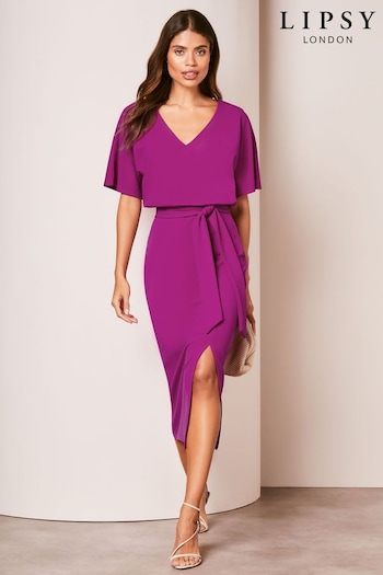 Lipsy Pink V Neck Flutter Sleeve Belted Midi Dress (670622) | £44