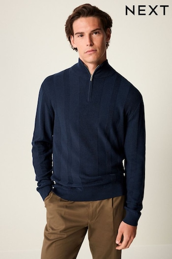 Navy Blue Texture Regular Fit Quarter Zip Jumper (670714) | £28