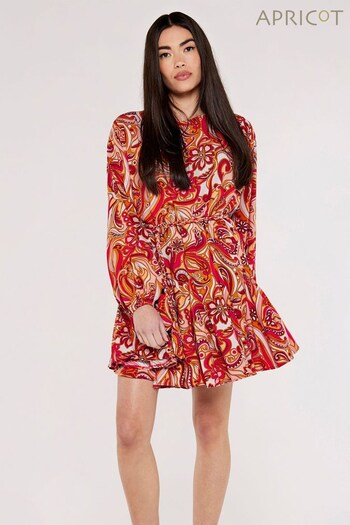 Apricot Pink/Red Swirl Puff Sleeve Flute Dress (671184) | £39