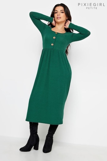 PixieGirl Petite Green Long Sleeve Ribbed Button Midi Dress (671486) | £32