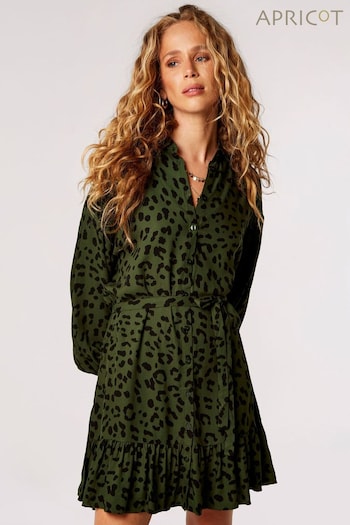 Apricot Green Leopard Ruffle Hem Shirt Dress (672278) | £35