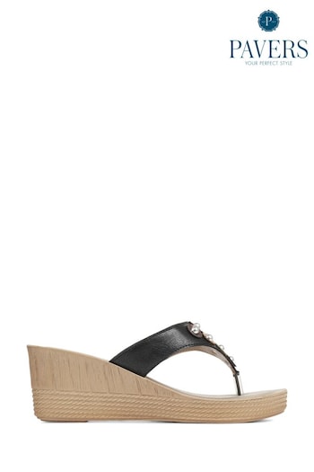 Pavers Toe Post Wedge Black Sandals most (672548) | £25