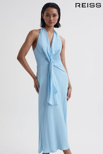 Reiss Blue Amber Halter Neck Tie Detail Midi Dress (672979) | £238