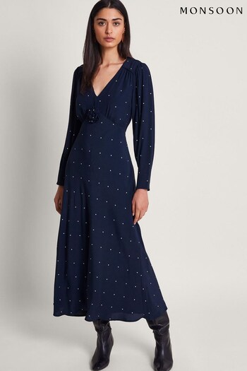 Monsoon Blue Stella Spot Corsage Dress (674214) | £110