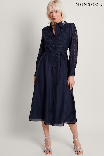 Monsoon Blue Abi Lace Shirt Dress (674217) | £110
