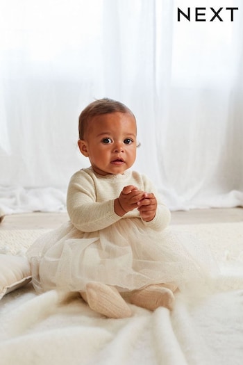 Cream/Gold Sparkle Baby Knitted Mesh Tutu Dress (0mths-2yrs) (674712) | £20 - £22